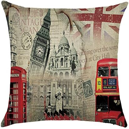 DECORLUTION London Clock Tower Church Pattern 18x18 Inch Cotton Linen Elegant Square Throw Pillow Case Cushion Cover for Sofa Couch Decorative Breathable Standard Size Pillowcase Slipcover
