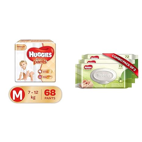Huggies Ultra Soft Pants Diapers, Medium (Pack of 68) & Huggies Baby Wipes - Cucumber & Aloe, Pack of 3 (216 Wipes)