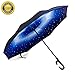 OneRain Premium Reverse Umbrella Automatic Open with C-Shaped Hands Free Handle - Inverted Umbrella Double Windproof and Lightweight - Inverted Upward Folding Design - Best Gift (Blue-Starry)