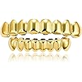 LKV Silver/Gold Teeth Grillz for Men and Women, 14K Gold Plated Hip Hop Mouth Grills for Your Teeth Top & Bottom, Rapper Costume Teeth Grillz with Extra Molding Bars