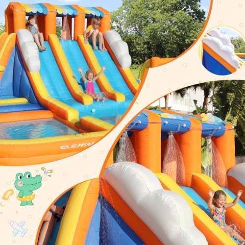 ELEMARA 12-in-1 Inflatable Water Slide Park for Big Kids, 20.07x15.91FT Bouncer with 3 Long Slides, Climbing Wall, Digital Springboard & Splash Pool, Includes 950W Air Blower