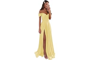 GODCUN Women's Satin Bridesmaid Dresses Off Shoulder Prom Dresses Long A Line Pleated Formal Evening Party Gowns with Slit