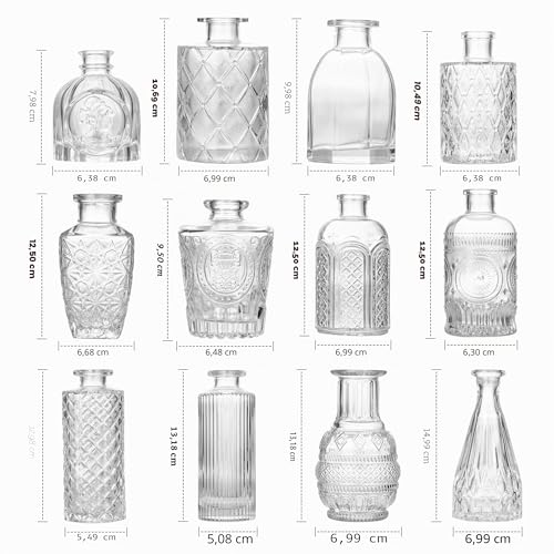 12 Pieces Glass Vases, Small Vintage Flower Vases, Transparent for Table Decoration, Floral and Wedding