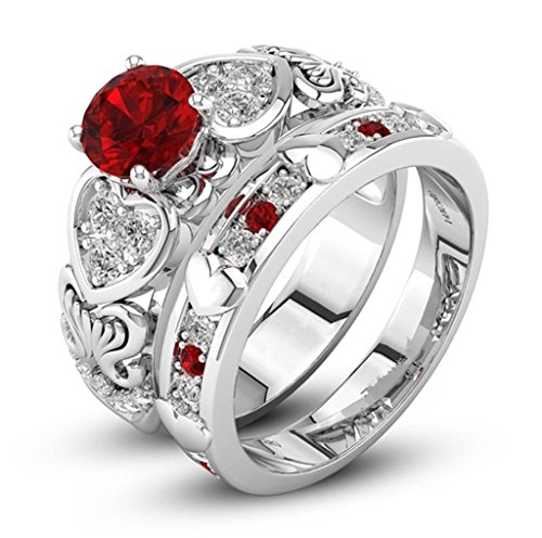 Hmlai Hot Sale! 2 in 1 Fashion Crystal Diamond Encrusted Zircon Ring With Heart Shaped Red Diamond Best Jewelry Gift for Women (8, Red)