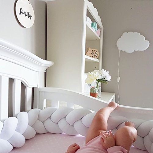 LOAOL Baby Crib Bumper Knotted Braided Plush Nursery Cradle Decor Newborn Gift Pillow Cushion Junior Bed Sleep Bumper (4 Meters, White)