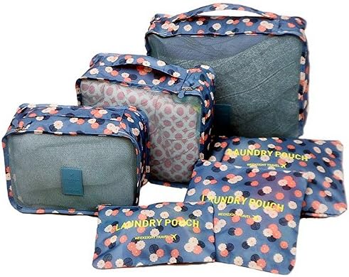 Etimes8 6PCS Lightweight Travel Packing Cube Set Trip Bag Organizer Luggage Compression Pouches for Clothing,Underware Bras,Ties,Socks,Mackup ( 3 Packing Cubes +3 Luggage Pouches) (Blue Flower)