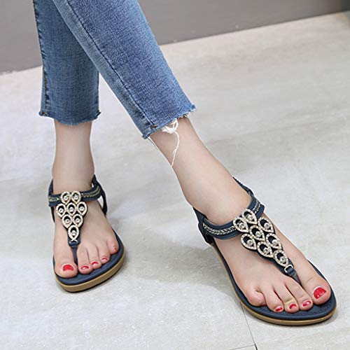 Mysky Summer Women Bohemian Crystal T-Strap Elastic Band Wedge Sandals Ladies Casual Comfy Flat Wild Beach Shoes Blue
