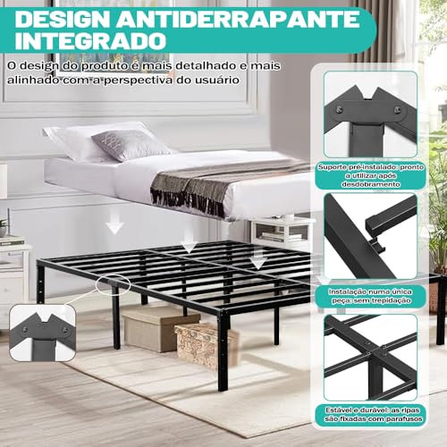 190 * 136 * 36 Cm Base Cama Casal, Estrutura de Cama de Casal Em Metal, Com Suportes de Ripas, Grande Espaço Embaixo da Cama