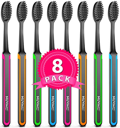 Nuva Dent Ultra Soft Charcoal Toothbrush - Gentle, Slim Brush Head, Medium Tip - Clean Plaque, Whiten Teeth - Works Well w/Activated Charcoal Toothpaste or Teeth Whitening Products, 8 Pack, Colored