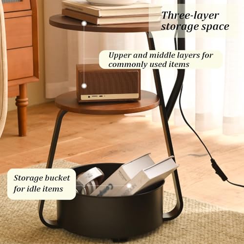 Floor Lamp with Table Attached, 3 Tier Sofa Side Stand Lamp with Bottom Storage Basket, 3 Color Temperature Reading Light, Modern Simple Storage Bedside Cabinet for Living Room, Home