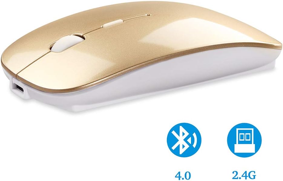 Uiosmuph Bluetooth Wireless Mouse, Dual Mode Slim Rechargeable Wireless Mouse Silent Cordless Mouse with Bluetooth 4.0 and 2.4G Wireless, Compatible with Laptop, PC, Windows, Mac,Tablet (Gold)