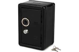 Frcctre Kids Safe Bank, Money Box with Coin Tray, Mini Locker Small Safe Storage Box Piggy Bank with Combination Lock and Key, 7" H x 4.7" Lx 3.9" W, Black