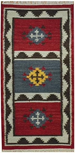 Herat Oriental Indo Hand Woven Tribal Vegetable Dye Kilim Wool Rug, 2' x 4', Red/Ivory
