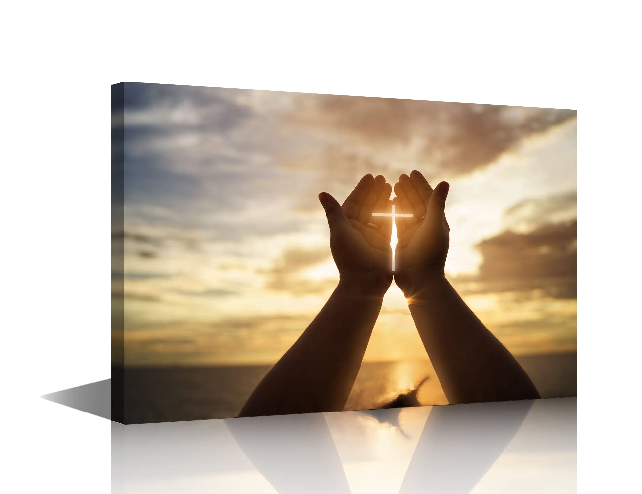 Wall Crosses Decor Jesus Hands Prayer Paintings Wall Art Panels Large for Living Room Christian Pictures Sunshine Canvas Modern Artwork Home Decorations Giclee Framed Ready to Hang - 24" W x 16" H