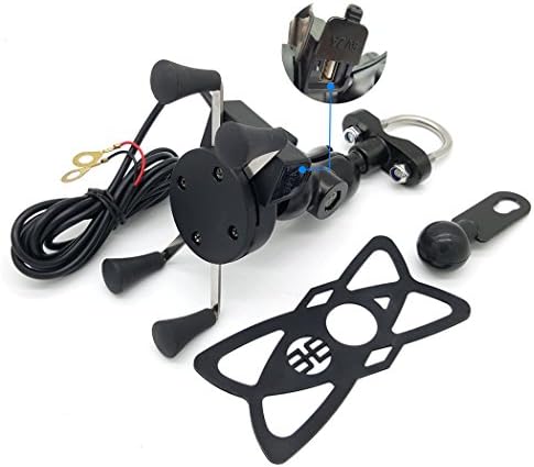 Motorcycle Cell Phone Holder Mount with USB Charging Port, 360 Degree Rotation Waterproof Handlebar & Rearview Mirror Fixed Base Clamp for Mobile Phone GPS