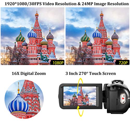 Video Camera Camcorder with Microphone, Aasonida FHD 1080P 30FPS 24MP IR Night Vision Digital 3'' IPS Touch Screen Digital YouTube Vlogging Camera with Remote Control, 32GB SD Card, 16X Digital Zoom