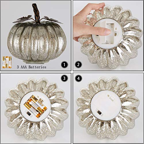 denlix Mercury Glass Pumpkin Lights Fall Decor, Battery Operated LED Timer 5.5 Inches Pumpkins Decor