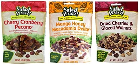 Salad Pizazz Salad Topping 3 Flavor Variety Bundle: (1) Pizazz Cherry Cranberry Pecano, (1) Pizazz Mango Honey Macadamia Delight, and (1) Pizazz Dried Cherries & Glazed Walnuts, 3.5-3.75 Oz Ea