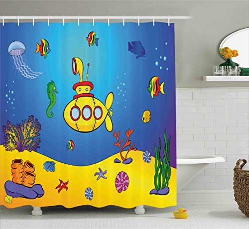 Yellow Submarine Shower Curtain Set by Ambesonne, Nautical Kids Colorful Fish Underwater Jellyfish Seahorse Shells Starfish, Fabric Bathroom Decor with Hooks, 84 Inches Extra Long, Blue Yellow