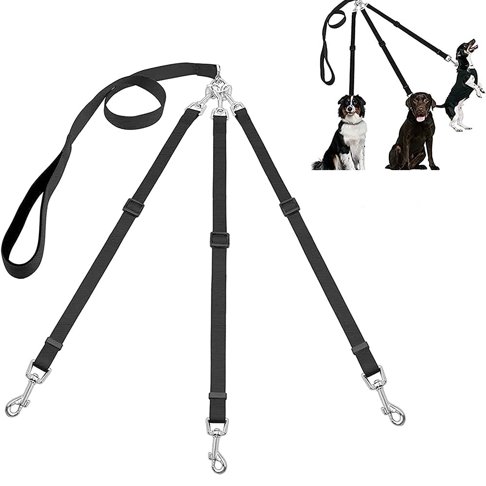 3 in 1 Dog Leashes, with Adjustable Detachable Coupler, 3 Way Dog Leash, Durable Strong Nylon Long Line Dog Leads, Anti-Pull Dog Leash, for One, Two, Three Dogs Pet Walking Hiking (Black)