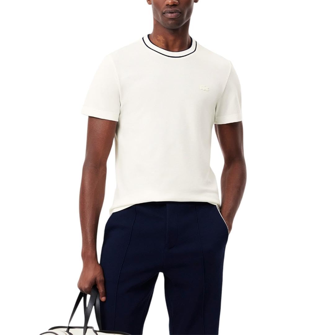 Lacoste Men’s Stretch Piqué Stripe Collar T-Shirt, Flour Striped Collar, 3X-Large
