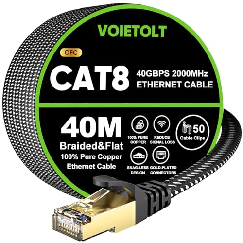 VOIETOLT CAT 8 LAN Kabel 40M,40Gbps Netzwerkkabel Ethernet Flach Geflochten