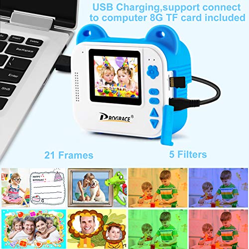 PROGRACE Instant Print Camera for Kids, Kids Instant Camera for Travel Learning Birthday Gift, Portable Digital Creative Print Camera for Boys Zero Ink Kids Camera Toy with Print Paper(Blue)