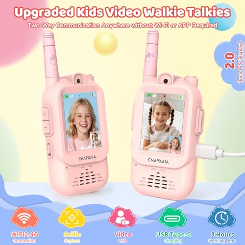 Kids Walkie Talkie with Camera and Real-Time Video, Interactive Toy for Children with Emojis, Sticker and Filters, Automatic Connection Without Internet, Gift for Girls 3-10 Year Old 2 Pack (Pink/Pink