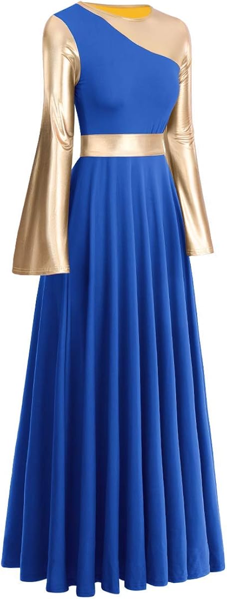 Women Metallic Bi Color Liturgical Praise Dance Dress Bell Long Sleeve Lyrical Dancewear Church Robe Worship Costume: Clothing