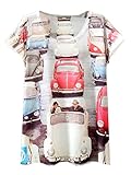 KaiTingu Women's Short Sleeve Car Traffic Jams Graphic Print Vintage T Shirt White
