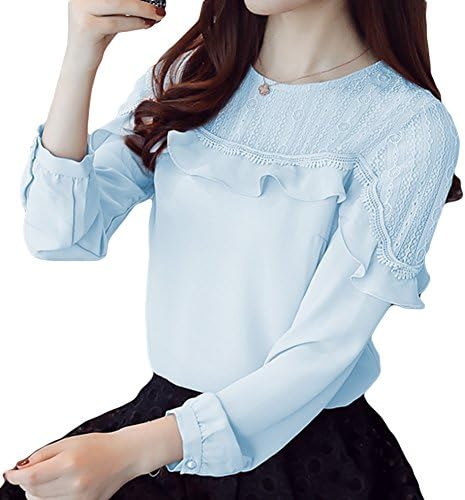 Women's Hollow Out Design with Lace Crochet Elegant Long Sleeve Trim Blouse (S, Blue Ruffle)