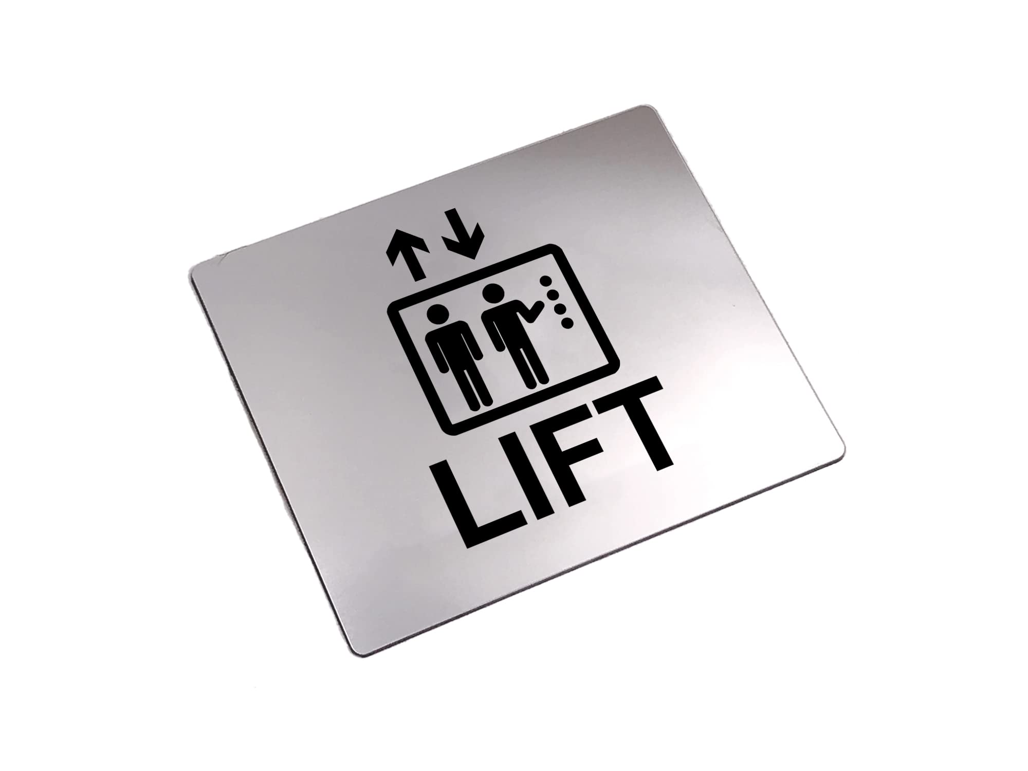 Lift Sign Adhesive Sticker Notice, Metallic Silver Engraved Black with Universal Icon Symbol and Text (Size 12cm x 10cm)
