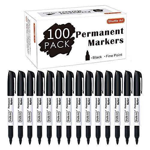 Shuttle Art 100 Pack Black Permanent Markers, Fine Point Permanent Marker Pens Set Perfect on Plastic, Wood, Stone, Metal and Glass for Doodling, Writing, Marking, Office School Supplies