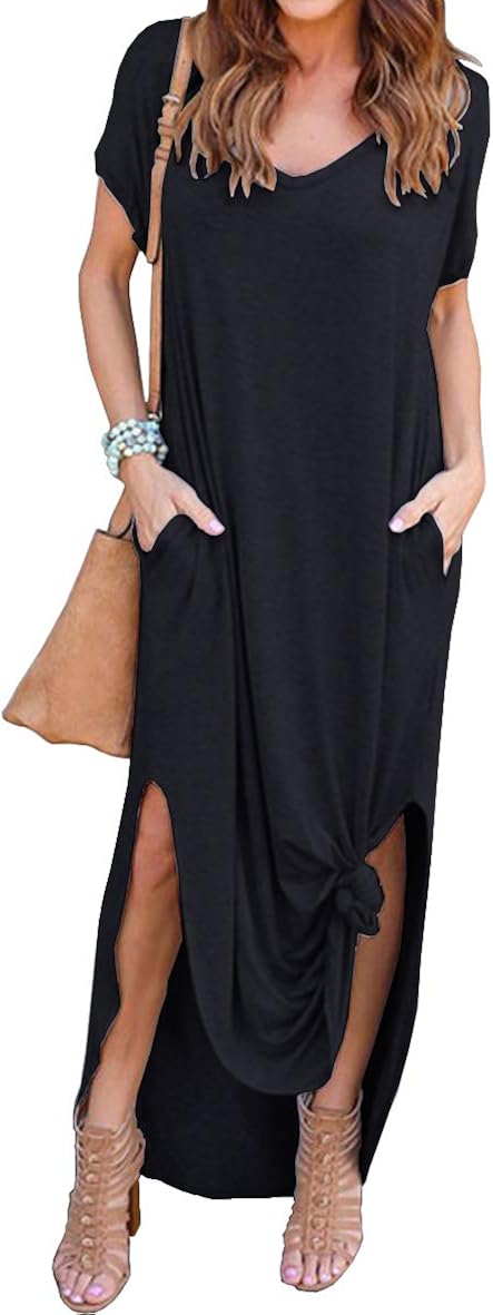 GRECERELLE Women's Casual Loose Pocket Long Dress Short Sleeve Split Maxi Dresses at  Women’s Clothing store