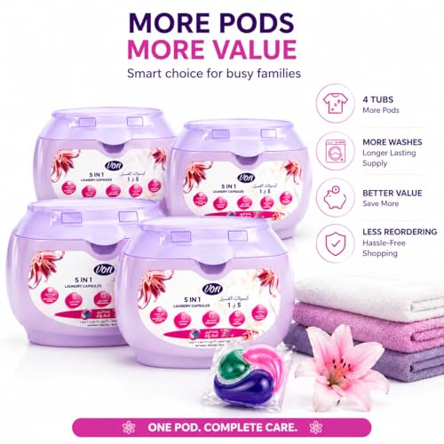 VON 5 in 1 Laundry Pods 18 Count Pack of 4 – 72 Pods Total | Powerful Laundry Detergent Liquid Capsules with Deep Clean, Stain Removal, Softener, Color Protection & Long Lasting Lily Scent Freshness