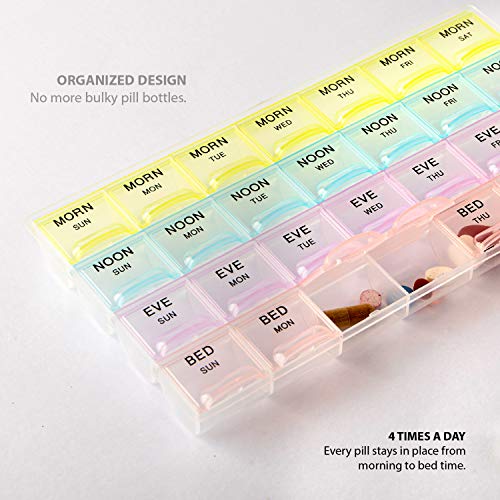 Deke 28 Daily compartments Pill Organizer case, 4 Times/Day Slot, Weekly dosis Container Boxes, Medicine Holder, Pills Medication Dispenser Box, Vitamin, Supplement, Perfect f/Travel, Ideal for Purse