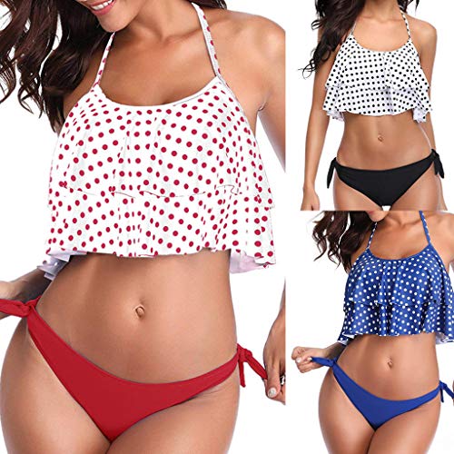 Women 2 Piece Halter Bikini Set Ruffle Backless Crop Dot Printed Bottom Bathing Suit Swimwear (Blue, L) - Thumbnail 3