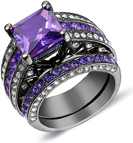Purple Cubic Diamond Engagement Ring Set Princess Cut Gold Black Plated Created Wedding Band Us Size 5-11