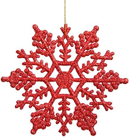 HKBAYI 24pcs 10cm / 4” Plastic Glitter Snow Snowflakes Hanging Ornaments Christmas Party Home Decorations (Red)