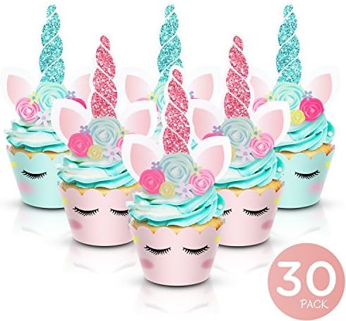 Unicorn Cupcake Toppers and Wrappers - Party Supplies for Birthday, Baby Shower, Valentine, Baby Shower - Double-Sided Glitter Design Cake Decorations. 30 Pairs