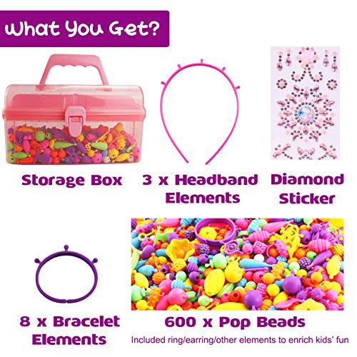 Rosykidz Snap Pop Beads Set, 600 Pcs Arty Beads Jewelry Making Kit with Rhinestone Sticker, Bracelet Necklace Ring Hairband Earrings Arts and Crafts Toys for Kids 4, 5, 6, 7, 8, 9 Years Old Girls
