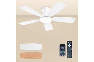 JSAITEE Ceiling Fans with Lights, 42 Inch Low Profile Ceiling Fan with Light and Remote Control, Flush Mount, DC Reversible Motor, Noiseless, White 6 Speeds Ceiling Fan for Bedroom