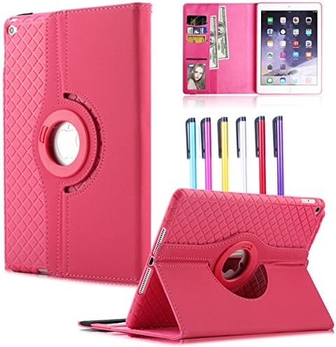 Hismo iPad Air 2 Case Folio Rotate Detachable Portable iPad Air 2 Case Cover with Card Slot &amp; Money Holder Smart Stand Pu Leather Tablet Case iPad 6 Case for Kids (Rose)