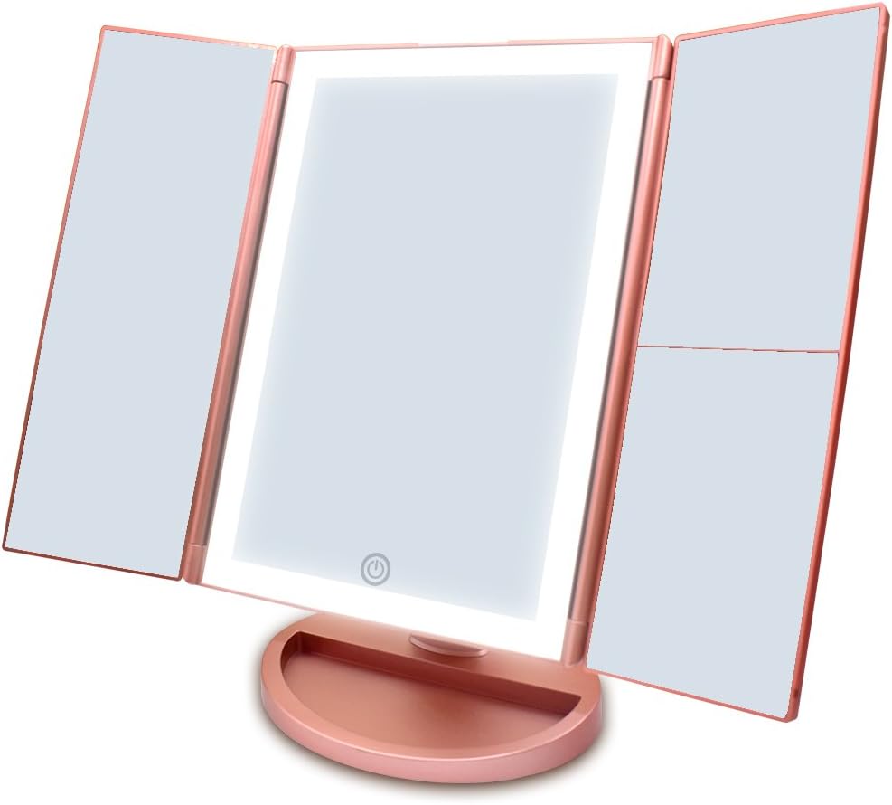 Newest 36 LED Nature Daylight Tri-Fold Lighted Vanity Makeup Mirror with Touch Screen Dimming and 1X/2X/3X Magnification Mirror,Countertop Cosmetic Mirror,180 Degree free Rotation (Rose Gold)