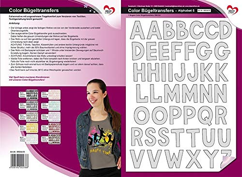 Coloured iron-on transfers, A4 sheet, with alphabet letters on transfer foils for textiles such as T-shirts and bags, DIY textile design grey