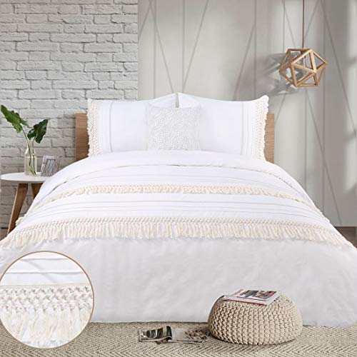 Fringed Duvet Cover Set Queen Boho Tassel Macrame Crochet Ivory Cream Fringed Elegant Pretty Cotton 100 Boho Chic Bohemian Off White Bedding Set 90x90 Textured 3Pieces Quilt Cover Beige Women - Thumbnail 7