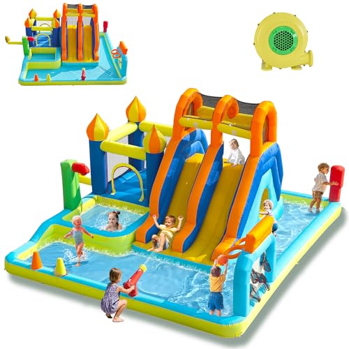 HIJOFUN Blow Up Water Slides Two Long Slides Jumping Bouncy Castle for Kids Outdoor Inflatable Bounce House with 680W Blower for Kids Backyard
