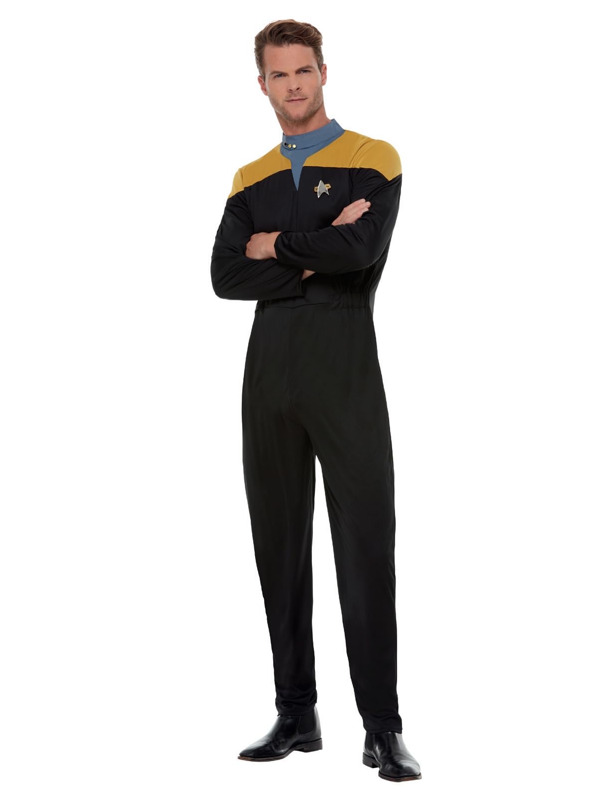 Smiffys Star Trek Costume, Voyager Operations Uniform in Gold & Black Adults Jumpsuit, Delta Badge & Rank Insignias, Star Trek Voyager Outfit, Official Star Trek Halloween Fancy Dress