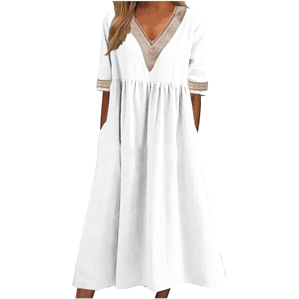 Amazon.com: Women's Solid Maxi Dresses V Neck Lace Patchwork Short Sleeve  Loose Fit Smocked Hem Flowy Dress with Pockets White: Clothing, Shoes &  Jewelry