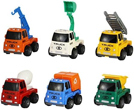 Construction Truck Toys Friction Powered Vehicles Set of 6 - Dump Truck, Cement Mixer, Excavator, Recycle & Latter Trucks with Moving Parts for Table Top, Floor or Sand Box Imagination Play Time